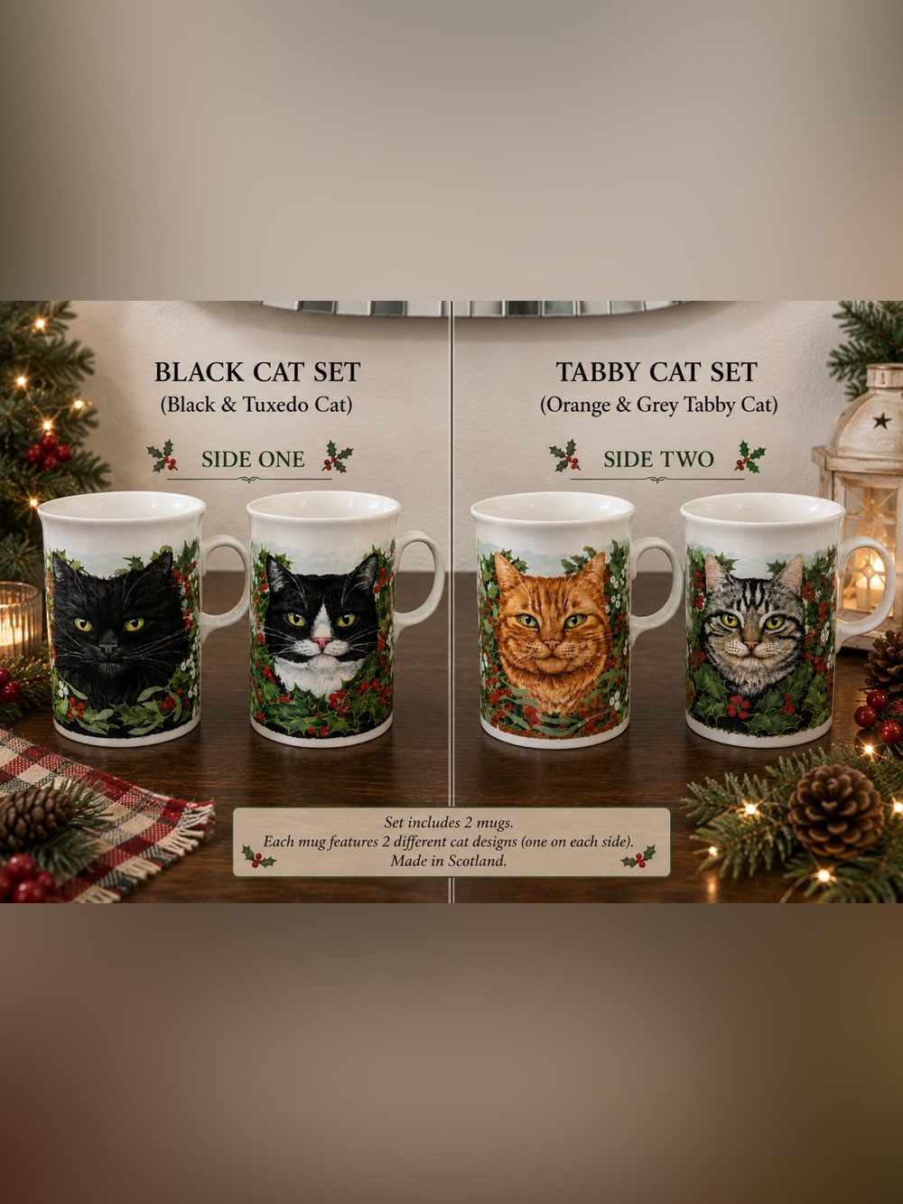 Dunoon Scottish Fine Stoneware Christmas Cat Holly Mugs Set of 2